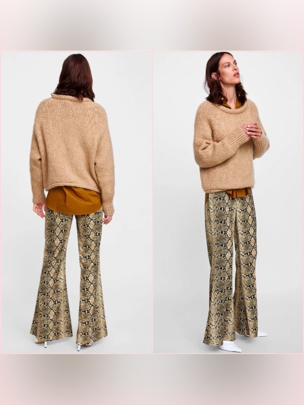 EUC ZARA Snakeskin Flowy Flare Leg Pants Hi Rise Stretch Light XL Tan/Black/Gold - Picture 4 of 16